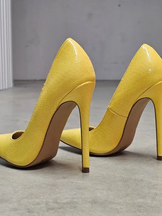 Yellow High Heel Pumps With Faux Snakeskin Texture & Pointed Toe Design - Picture 12 of 16